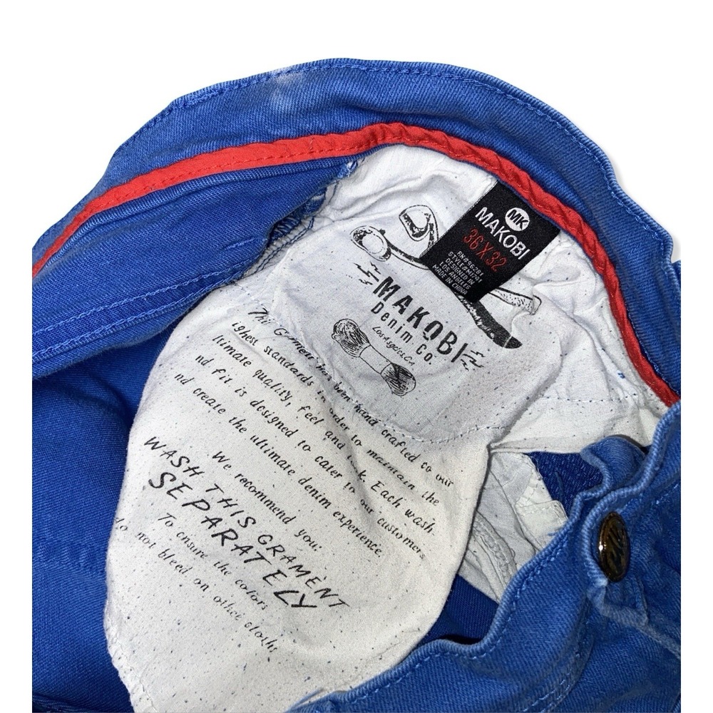 Makobi Biker Moto Jeans Blue Distressed Zip Pocket Skinny Denim 36x32 - Picture 7 of 11